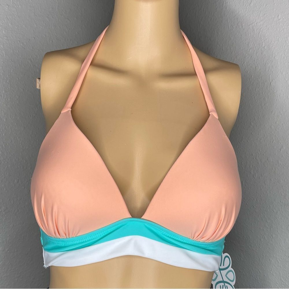 NWT Stylish Swimwear Beach White and Aqua Halter Bikini Top Size Large
